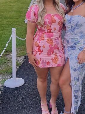 Lulu's Pink & Orange Floral Puff-Sleeve Mini Dress